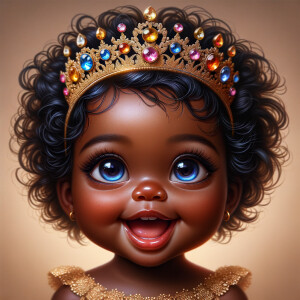 "Create a digital portrait of an adorable african-American baby girl with a joyful expression. She is wearing a gold crown with colorful jewels. Her big, bright blue eyes are wide with wonder, and her tiny mouth is shaped in a happy grin. Her skin has a warm, honey-brown tone, and she has an abundance of thick curly black hair, The background is soft and neutral to keep the focus on her delightful features. The portrait should be vibrant and heartwarming, celebrating the innocence and charm of childhood."