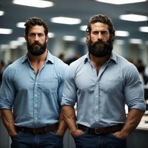 bodybuilder men stand side by side. Both have thick, full beards...