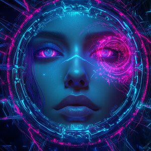 A straight-on, eye-level realistic digital portrait of a woman’s...