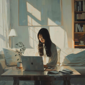 An Asian woman with long black hair is seated in the living room...