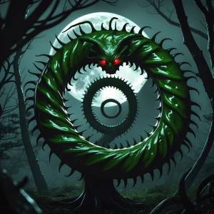 "Conjure an image of an evil anamorphic fiddlehead fern, its cur...