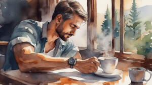 A man holding a cup of coffee and relaxing