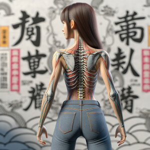 Athletic Thin skinny Attractive, Asian teenage girl, long brown hair and bangs, wearing tight skinny jeans and a halter top paint marks on her clothing, heroic pose Asian graffiti background, backside view