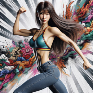 Athletic Thin skinny Attractive, Asian teenage girl, long brown hair and bangs, wearing tight skinny jeans and a halter top paint marks on her clothing, heroic pose Asian graffiti background