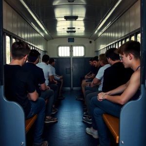 Side view inside a jail van with Caucasian young male inmates se...
