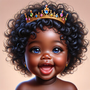 "Create a digital portrait of an adorable african-American baby girl with a joyful expression. She is wearing a gold crown with colorful jewels. Her big, bright blue eyes are wide with wonder, and her tiny mouth is shaped in a happy grin. Her skin has a warm, honey-brown tone, and she has an abundance of thick curly black hair, The background is soft and neutral to keep the focus on her delightful features. The portrait should be vibrant and heartwarming, celebrating the innocence and charm of childhood."