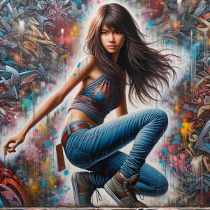 teenage girl, long brown hair and bangs, wearing tight skinny jeans and a halter top paint marks on her clothing, heroic pose Asian graffiti background, nearing on one knee