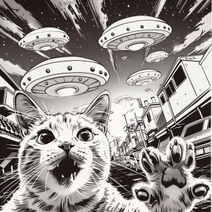A black-and-white illustration of a startled cat taking a selfie...
