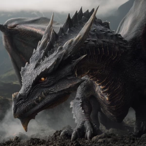 Hyperrealistic, photo-real dragon — Vezonar, massive ash-black m...