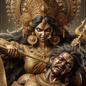 portrait of angry looking goddess durga slaying a weak mahishasur by carrying him in her arms and stabbing him with her amazingly designed trident. She is wearing gold armor, a huge gold crown, gold saree, abundant  gold jewelry, covered in blood. The scene is set in ancient India. The image is 8K resolution, cinematic, ultra detailed face and epic.