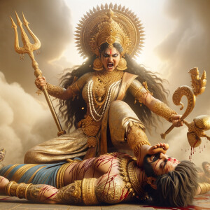 portrait of angry looking, indian goddess trampling a defeated m...