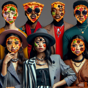 Individuals with faces resembling pizzas featuring assorted topp...