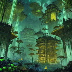 A mysterious lost city in the jungle, illuminated by bioluminesc...