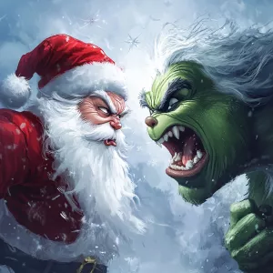 Generate a picture with Santa Claus on the left and the Grinch o...