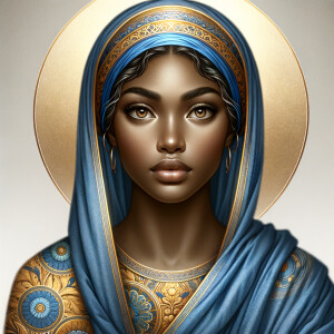 Create a beautiful African-American Jesus Christ with Hazel, brown eyes and blue and gold robe