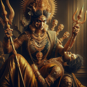 portrait of angry looking goddess durga sitting on a gold crown and carrying a weak mahishasur on her lap and stabbing him with her amazingly designed trident. She is wearing gold armor, a huge gold crown, gold saree, abundant  gold jewelry, covered in blood. The scene is set in ancient India. The image is 8K resolution, cinematic, ultra detailed face and epic.