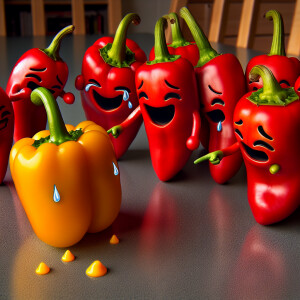 Several red capsicums laughing together and pointing at a yellow...