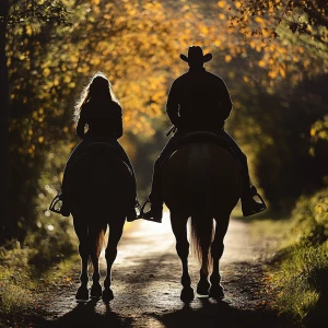 Silhouette of a father and teenage daughter from behind, riding...