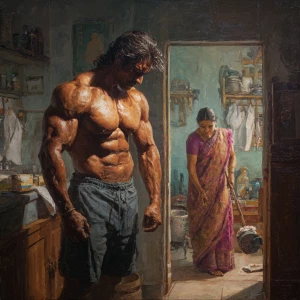Hyperrealism ,a indian muscular beefy sweaty man exercising i...