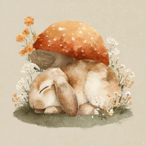cute fluffy rabbit curled up sleeping under a large spotted mush...