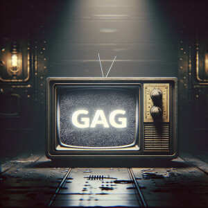 Eerie scene of a tube tv with the word “GAG” on the screen