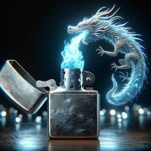 Photorealistic image of an antique silver lighter. The flame, bu...