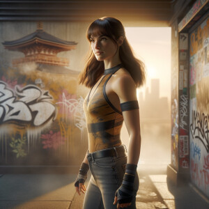 Athletic Thin skinny Attractive, Asian teenage girl, long brown hair and bangs, wearing tight skinny jeans and a halter top paint marks on her clothing, heroic pose Asian graffiti background, side view