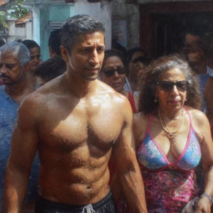 Photo hyperrealism, painting,a muscular beefy kerela son in law...