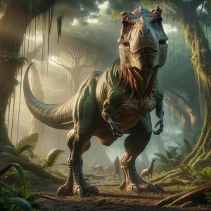 Man-Tyrannosaurus Rex hybrid, majestic and imposing, standing am...