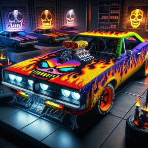 A classic muscle car with a vibrant, multicolored paint job feat...