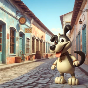 A cheerful dog wagging its tail while standing on a cobblestone street lined with old-fashioned, hand-painted storefronts