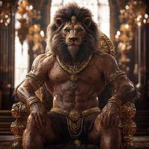 Create a photorealistic 3D image of a majestic man-lion hybrid, featuring an expansive mane and exceptionally well-defined, oversized muscles. Adorn this regal creature with intricate jewelry and gold embellishments, and depict it seated on a throne. Aim for 8K UHD resolution, extreme professional detail, and a composition that is both visually stunning and captivating.