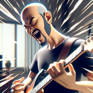 A bald asian man who plays electric guitar
