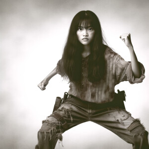 Skinny and thin Asian teen girl wearing skin tight jeans that are worn and frayed, long hair and bangs heroic ready to fight stance