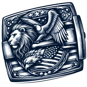 Design a unique belt buckle featuring a combination of a lion, e...
