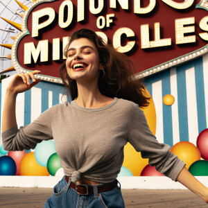 Beautiful buxom 23-year-old woman dancing in front of a giant si...