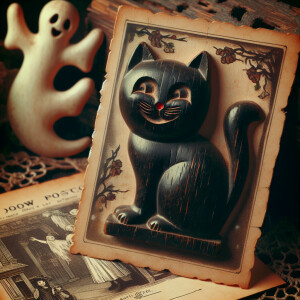 Vintage postcard image. In the image a wooden smiling black cat...