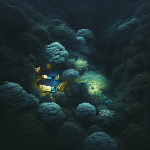 House in the forest light and dark . Fluorescent light