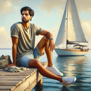 Realistic, oil painting Of a young man Sitting on a dock, Man is...