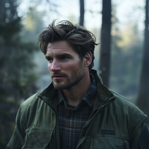 A rugged man with a slight stubble and messy, windswept hair, we...
