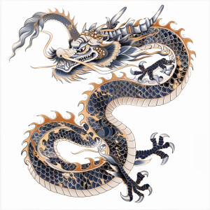 Full body picture of Mythical  flying Japanese dragon outlined i...