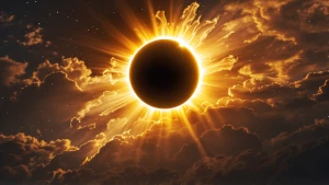 Solar eclipse with golden light bursting from behind, symbolizin...