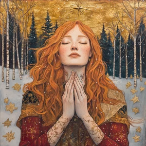 Image of a woman long Ginger hair expressing gratitude amidst a...