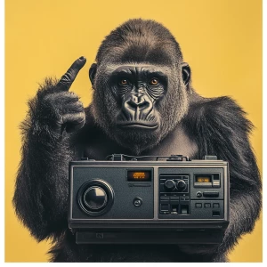 Gorilla pressing a button on a boombox with its finger