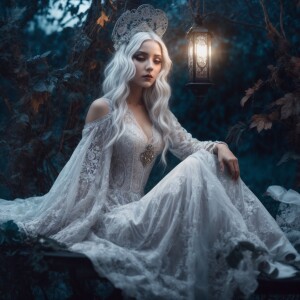 whimsical alluring female ghost , large expressive eyes, ornate...