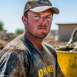 Brian Nobles a real 28 year old Caucasian male who is using  a concrete mixer, he is a  pump operator holding the hose which carries the liquid concrete to the foundation pour, Brian is slowly  beginning his transition into adult maturity , Brian Nobles is beginning to look like a grown man, he has large reflective blue eyes and a wrinkled brow,Brian is now balding , prominent large protruding round fat obese belly,,thick goatee beard, healthy muscle mass ,very noticeable male pattern balding hairline, Brian Nobles now has a  prominent receding and thinning male hairline (onset male pattern baldness), slightly fat overweight(Caucasian)wearing tight body conforming  glossy satin shiny green and gold tight fitting body conforming UnderArmour athletic bodysuit,emblazoned with the "KD HOMES" real estate logo, standing confidently in front of a newly completed constructed new KD HOME in Victorville California in a raw desert landscape. Brian has a protruding fat obese muscular physique, large male bulge, fat obese muscular frame , shows a substantial frame with a noticeable mature hairline and expressive eyes. His workman’s  pose should reflect his experience in his trade.