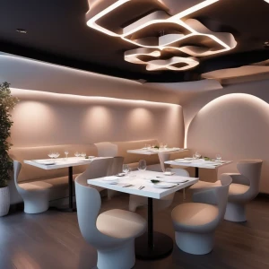 A futuristic restaurant with streamlined tables and floating menus displayed in mid-air, casting gentle light over the space