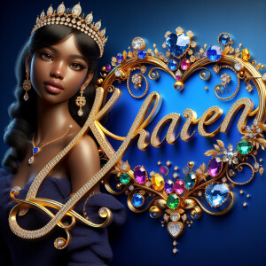 Craft a 3-D image showcasing the name 'KAREN' in a luxurious gol...