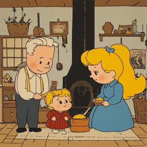 Father and mother in their home, near their child, whose hair is...