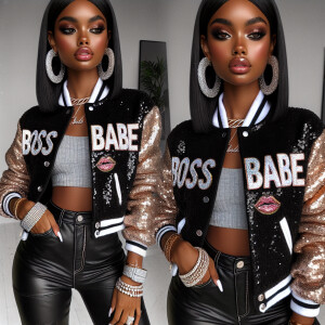 Design an African American girl with sleek straight hair, bold m...